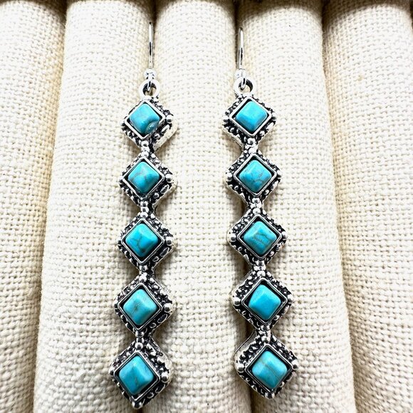 Western Style Silver Tone Chandelier Pierced Earrings Faux Turquoise 2.5" - Picture 4 of 5